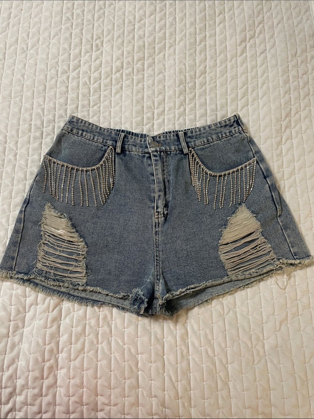 Blue Distressed Denim Shorts with Rhinestone Fringe